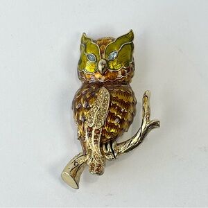 Bird Owl Amber Enameled Golden Rhinestones Perch Mid Century Jewelry Brooch Pin
